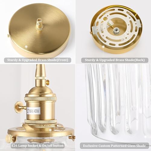 Shenmoyl Pendant Light 2 Pack with Clear Striped Glass Lmapshade, Brass Vintage Pendant Light Adjustable Hanging Light for Kitchen Island Dining Room Hallway - Image 4