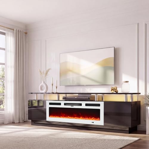 90" TV Stand for Living Room, Large Entertainment Center & Media Console, Fits TVs up to 100", Storage Cabinet with Shelves, 50" Electric Fireplace, Black & White by Unknown