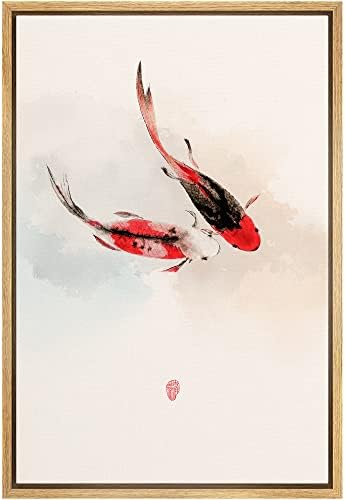 NWT Framed Canvas Print Wall Art Asian Style Watercolor Koi Fish in Water Amphibians Ocean Illustrations Modern Art Rustic Scenic Colorful Pastel for Living Room, Bedroom, Office - 16"x24" Natural by NWT
