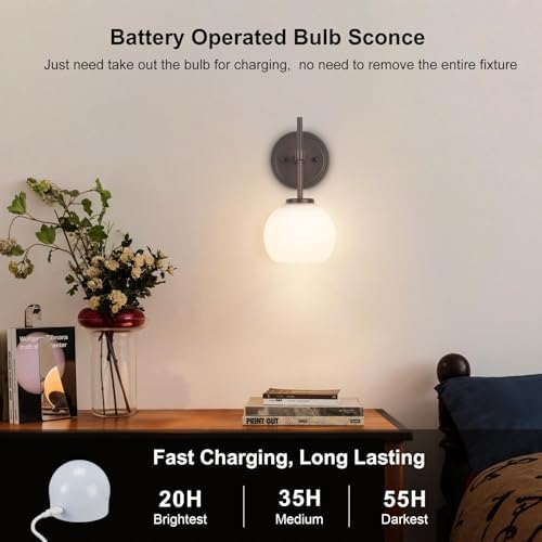 Oil Rubbed Bronze Wireless Rechargeable Wall Sconces Set of 2, Battery Operated Wall Lights with Remote Control, LED Dimmable Wall Lamp with Opal White Glass Shade, 12 Colors RGB & 3 CCT Bulb - Image 2
