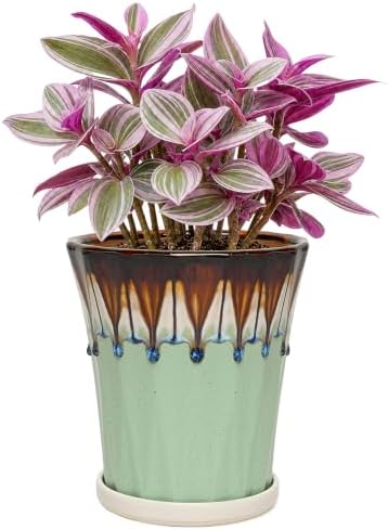 6.6 Inch Ceramic Planters with Drainage Hole and Saucer,Indoor Outdoor Large Flower Pots, Garden Pot for Plant Lovers (Drip Green) by Unknown