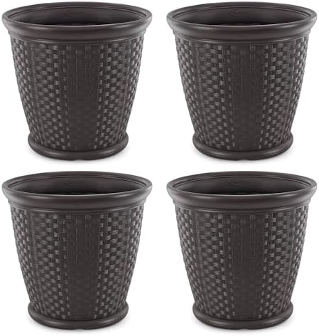Suncast Sonora 4 Pack 22 Inch Plastic Wicker Indoor or Outdoor Decorative Garden Flower Planter for Entryways, Porch, and Backyard Patios, Dark Brown by Suncast