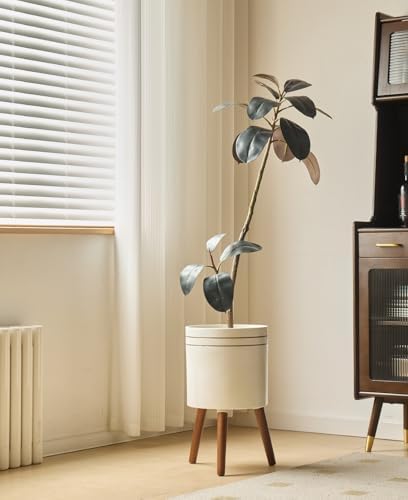 12 Inch Plant Pot with Oak Wood Stand, Large Planter for Indoor Plant, Simple Modern Flower Pot Flower Pot with Drainage Hole for Outdoor - Image 5