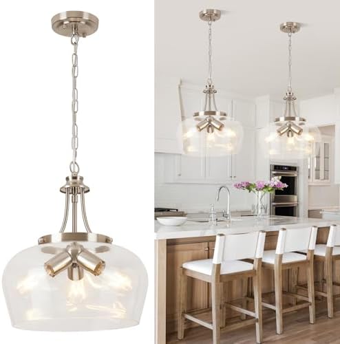 Modern Pendant Lights Kitchen Island, 3-Light Brushed Nickel Pendant Light Fixtures with 14.2" Clear Glass Shade,Industrial Hanging Pendant Lights Fixture for Kitchen Island Dining Room Entryway Foyer by BringBrightnesstoYourLife