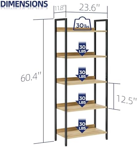 NUMENN Bookshelf, 5 Tier Bookshelves, Home Office Bookcase Shelf Storage Organizer, Free Standing Storage Shelving Unit for Bedroom, Living Room and Home Office, Natural - Image 3