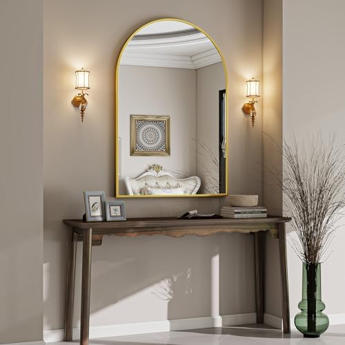 VooBang Arched Wall Mirror, 26 x 41 inch Arch Bathroom Mirror, Wall Mounted Vanity Mirror with Arch Metal Frame, Modern Bathroom Vanity Mirror for Bedroom, Living Room, Hanging or Leaning, Gold - Image 2