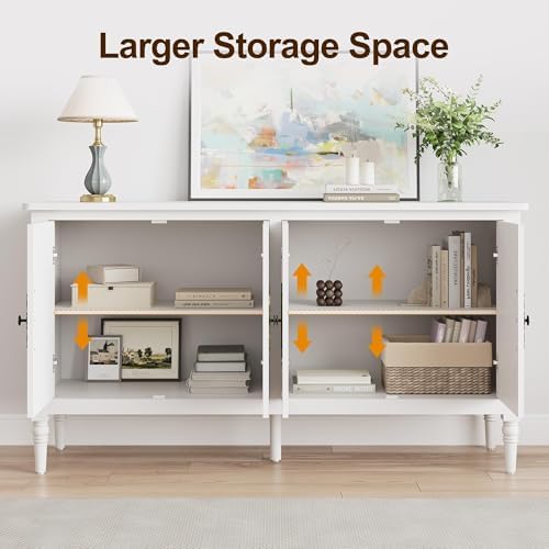 RoyalCraft 118" Buffet Cabinet with Storage, Vintage Sideboard with Adjustable Shelves, Mid Century Modern Painted Credenza Coffee Bar for Kitchen, Dining Room, Entryway, Living Room, Satin White - Image 4