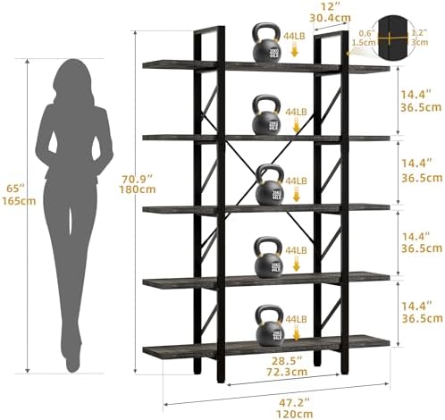 DWVO 5-Tier Bookshelf, 70.9" Tall Bookshelves Vintage BookCases with 5 Shelves Display Storage Shelves for Home Office, Living Room, Charcoal Gray - Image 2