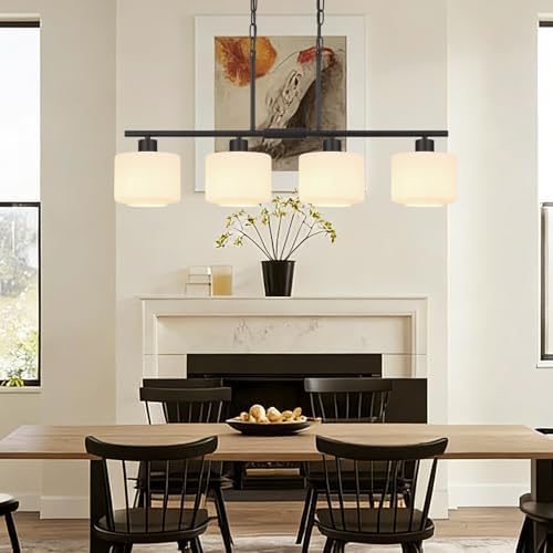 4-Light Kitchen Island Lighting, Modern Black Linear Dining Room Chandelier Light Fixtures with Milk Glass and Chain, Farmhouse Hanging Lights for Kitchen Island Dining Room, OS-YQ8153-4ISBKW - Image 5