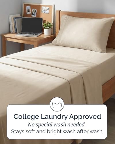 Twin XL 3 Piece Sheet Set - College Dorm Room Essentials - Cream - Image 6