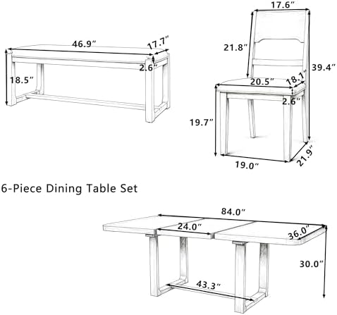 VilroCaz 6-Piece Acacia Wood Dining Table Set, Extendable Rectangular Dining Table with 4 Upholstered Dining Chairs& Bench, Reinforced Stretcher Base for Kitchen and Dining Room (Natural/Beige) - Image 3