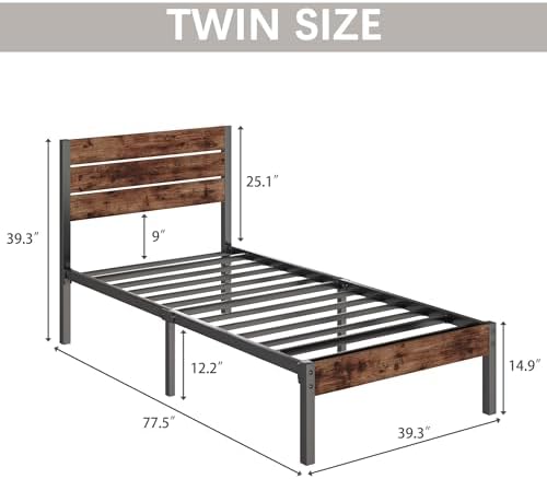 Fluest Twin Bed Frame with Headboard and Footboard, Metal Twin Bed Frame with Under Bed Storage, All-Metal Support System, No Box Spring Needed, Easy Assembly,Rustic Brown - Image 2
