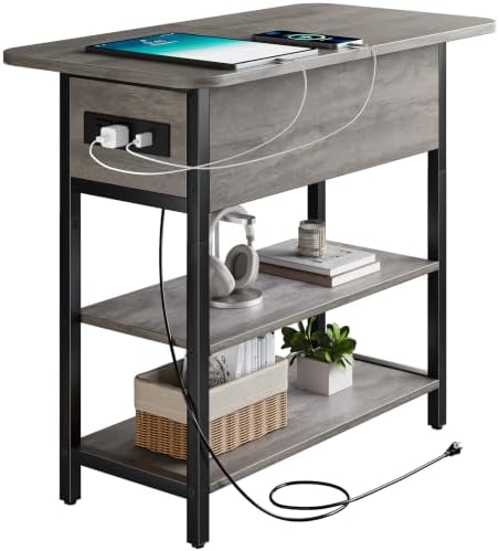 Yoobure End Table with Charging Station, Flip Top Side Table with USB Ports and Outlets, Sofa Couch Table Bedside Table for Living Room Bedroom, Narrow Nightstand with Shelves for Small Space Gray by Yoobure