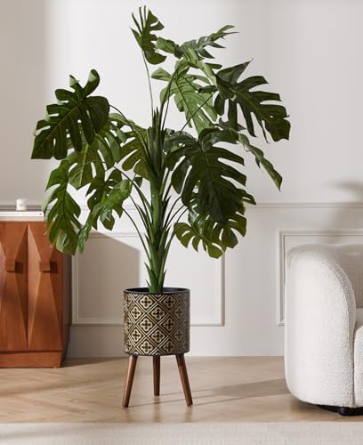 nacltlo12 Inch Plant with Stand Planter for Indoor Plants Large Modern Mid-Century Plant Pots Indoor Outdoor with Drainage for Home Garden Patio,Black and Gold - Image 2