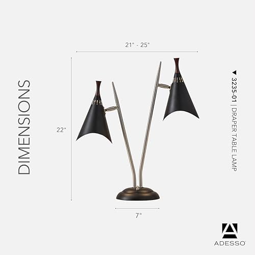 Adesso 2-Light Desk Lamp, Brushed Steel & Black, Adjustable Arms, 22” - Image 6