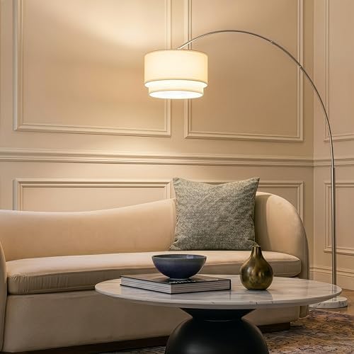 Brightech Mason Arc Floor Lamp - Modern Corner Standing Lamp with Unique Hanging Drum Lamp Shade for Living Room - Bright Overhead, Curved Hanging Light for Bedroom. Library, Den - Nickel - Image 2