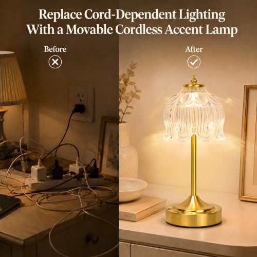 Lotus Flower Table Lamp, Cordless Rechargeable Amber Glass Bedside Lamp | 3600mAh Battery, Touch Control, 3 Color Modes & Stepless Dimming for Bedroom, Nightstand Clear White 1PC - Image 6