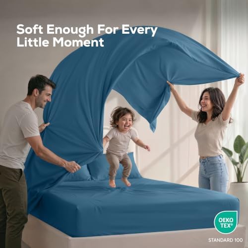 California King Sheets Set, 4 Pieces 16" Deep Pocket Bed Sheets, Dusk Blue - Image 5