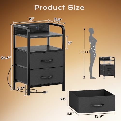 Huuger Nightstands Set of 2, Night Stand with LED Lights, Charging Station - Image 2