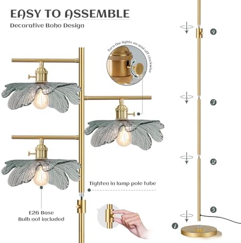 Vintage Floor Lamp Farmhouse Floor Lamps for Living Room, Brass Tree Lamps Dimmable Standing Lamp Tall Lamps with Dark Green Glass Shade, Gold Flower Floor Light for Bedroom Corner Study - Image 5