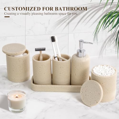 Bathroom Accessories Set, 6-Piece Bathroom Accessory Set, Toothbrush Holders Set, Soap Dispenser, Vanity Tray, Tumbler, Cotton Swab Jars, Bathroom Organizer for Modern Bathrooms,Faux Travertine - Image 3