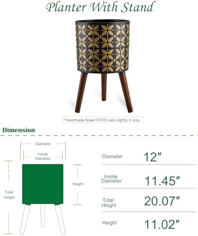 12 Inch Planter Pot with Stand, Planter for Indoor Plants, Drainage Holes and Rubber Plug, Modern Mid-Century Flower Planter Pot for Home Garden Patio, Black and Gold - Image 2