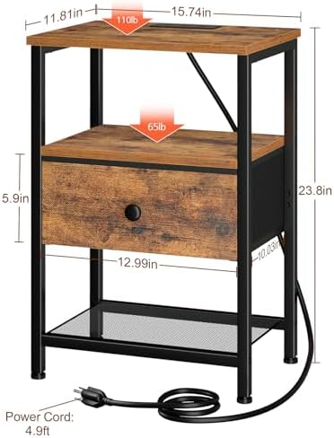LOAKEKEL Night Stand, Small Nightstand with Charging Station - Image 6