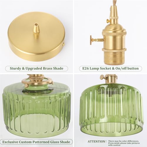 Shenmoyl Pendant Light 2 Pack with Green Striped Glass Lmapshade, Brass Vintage Pendant Light Adjustable Hanging Light for Kitchen Island Dining Room Hallway - Image 4