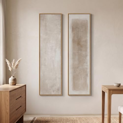 Large Framed Vertical Wall Art, Set of 2 Neutral Beige Abstract Wall Decor - Image 4