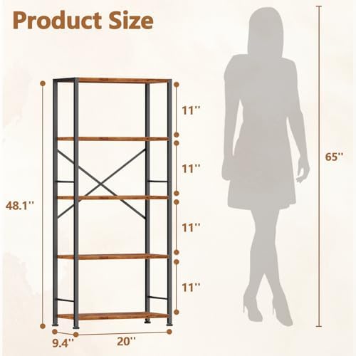 Furologee 5 Tier Book Shelf Set of 2, Tall Wide Bookshelf, Rustic Brown - Image 3