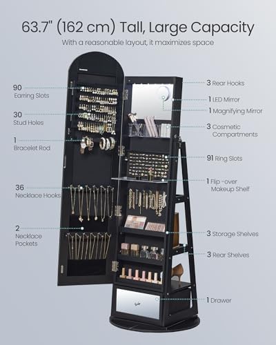 SONGMICS 360° Swivel Jewelry Cabinet, Full-Length Arched Mirror - Image 5