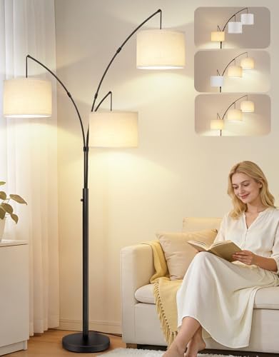 OUTON Arc Led Floor Lamp, Modern Black 3 Light Tall Floor Lamp for Bedroom, 2400lm Mid Century Adjustable Standing Corner Lamps for Living Room Office, 3 LED Bulbs Included, White Lampshade by OUTON