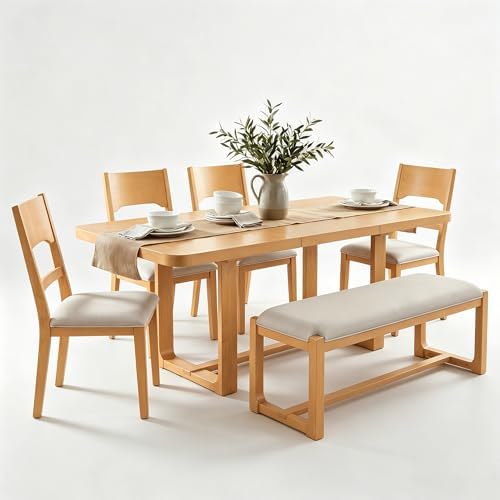 VilroCaz 6-Piece Acacia Wood Dining Table Set, Extendable Rectangular Dining Table with 4 Upholstered Dining Chairs& Bench, Reinforced Stretcher Base for Kitchen and Dining Room (Natural/Beige) - Image 4