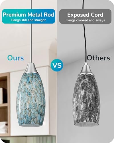 EDISHINE Pendant Light Kitchen Island Blue Glass Brushed Nickel Rod - Image 3