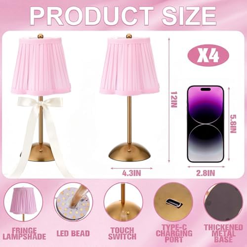 Wedding Cordless Table Lamp Rechargeable, Pink, 4 Pack - Image 6