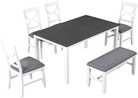 Farmhouse 6-Piece Dining Table Set, Wood Kitchen Dining Room Table Set with Upholstered Bench and 4 Dining Chairs, 60'' Rectangle Dining Table with Decoration Legs, Perfect for Family (White-K) - Image 5