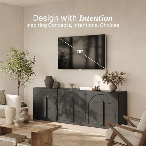 BELLEZE Sideboard Cabinet with 3 Drawers, Set of 3 Modern Wood Buffet Cabinet with Arc Design, Large Fluted Sideboard with Storage for Kitchen Living Room Entryway, Ebony - Image 3