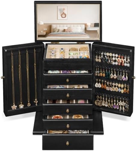 Emfogo Wooden Jewelry Box for Women, 6-Tier Large Jewelry Organizer Boxes with Mirror Rustic Solid Wood jewlery Storage for Rings Earrings Necklaces Bracelets watches(Black) by Emfogo