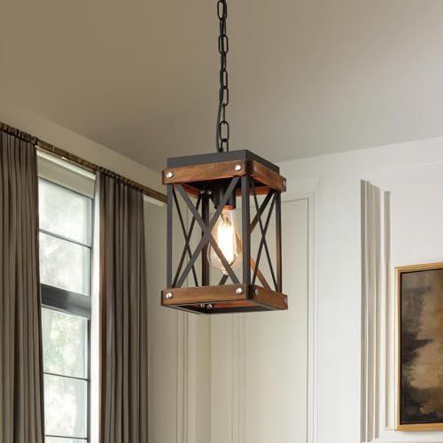Rustic Farmhouse Wood Pendant Light Fixture One-Light Adjustable Chain Oak Wood and Metal Lantern Cage Small Pendant Lighting for Kitchen Island Sink Hallway Farmhouse Bathroom Bar, Black - Image 7