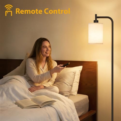 Ziisee 64" Floor Lamp with Remote Control, Dimmable Tall Standing Lamps for Living Room Bedroom Office Corner, 9W LED Bulb Included, Foot Pedal Switch, Beige Shade Black Pole - Image 3