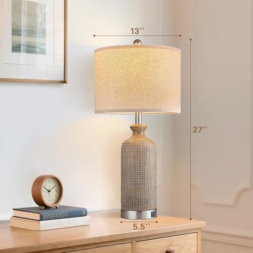 Living Room Lamps Set of 2, 27" Touch Lamps for Nightstand with USB A+C Ports, Modern Farmhouse Table Lamps for Bedroom, Wood Grain, Ceramic - Image 5