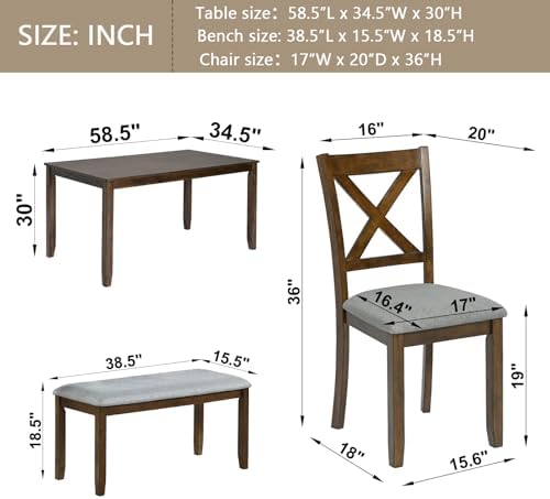Harper & Bright Designs 6-Piece Dining Table Set with 4 Upholstered Chairs & Bench, 58.5" Rectangular Solid Wood Frame Table, Dining Table Set for 6 People, Living Room, Home Bar and Kitchen,Walnut - Image 2