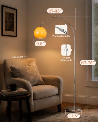Arc Floor Lamp for Living Room, Orange Glass Shade Standing Lamp, Adjustable Height & Reach Arched Floor Lamp, Iron Tall Lamp with 3 Color Temperature Bulb, Foot Switch for Bedroom Office - Image 4