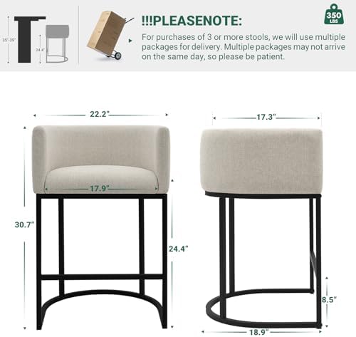 Counter Height Bar Stools Set of 2, 24 Inch Seat Height Barstools for Dining Room, Fabric Upholstered Bar Chair for Kitchen Island, Linen Counter Stools with Metal Legs, Beige - Image 2
