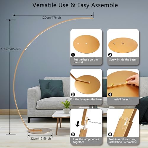 NUÜR 67" Gold Arc Floor Lamp, Modern LED Standing Lamp with Remote - Image 5