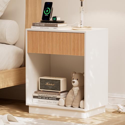Fluted Nightstands Set of 2, Night Stand with Charging Station, Modern Bed Side Table with Drawer and Storage Shelf, Wood Mid Century End Table for Bedroom Living Room (White&Oak) - Image 5