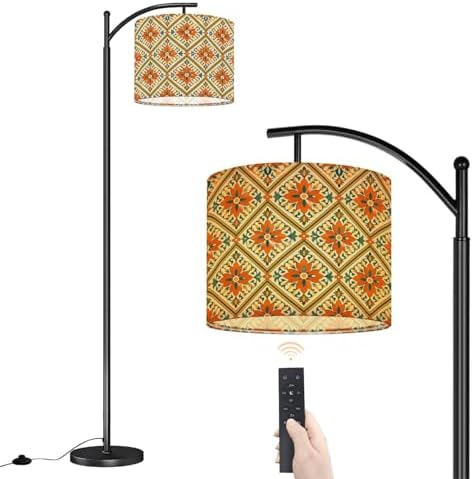 Arc Floor Lamp Geometric Floral Tile Bold Orange Teal Blue Colors Dimmable Modern Standing Lamp with Remote Adjustable Drum Shade Footswitch Tall Pole Lamp for Living Room Bedroom by DERUINVAIO