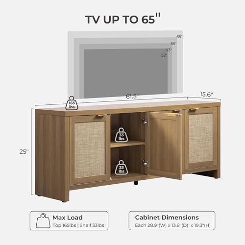 SICOTAS TV Stand for Living Room Boho Entertainment Center for Bedroom with 4 Rattan Cabinets Farmhouse Television Stands with Storage Large Media Console Table for TVs up to 65 Inch - Image 6