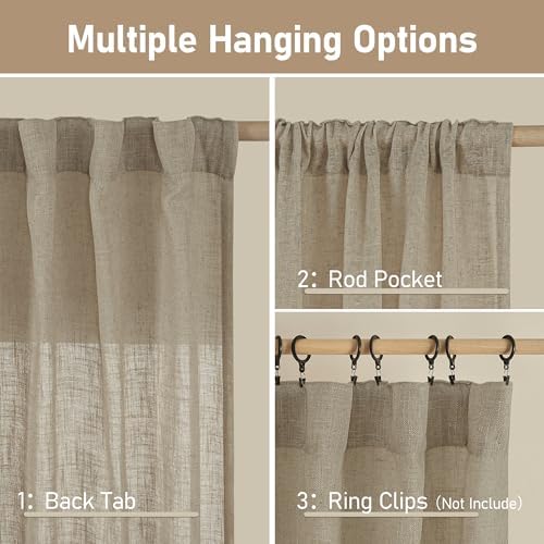 LAMIT Taupe Sheer Linen Curtains 80 inch Light Filtering Semi Sheer Panels - Image 3