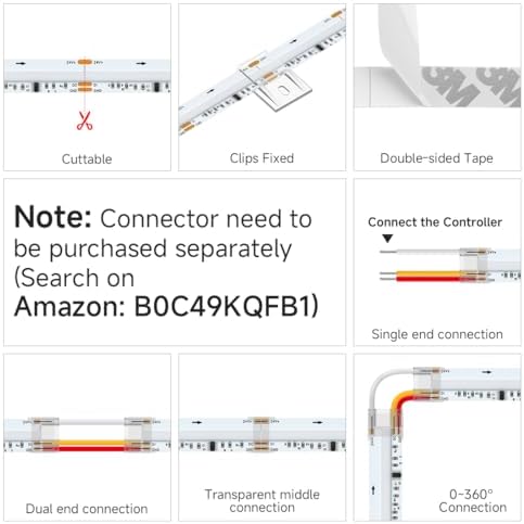 BTF-LIGHTING RGB WS2811 Smart IC FCOB COB LED Strip, UL Listed 864LEDs/m High Density Color Chasing Uniform Light, DC24V 24FT 12mm Width Tape Light for Home Party DIY Decor(No Adapter or Controller) - Image 6